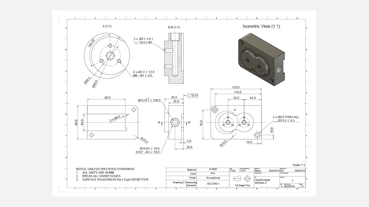 2D engineering drawing — the kind of document a machine shop receives with every RFQ. Multiple views, dimensions, tolerances, material specification.