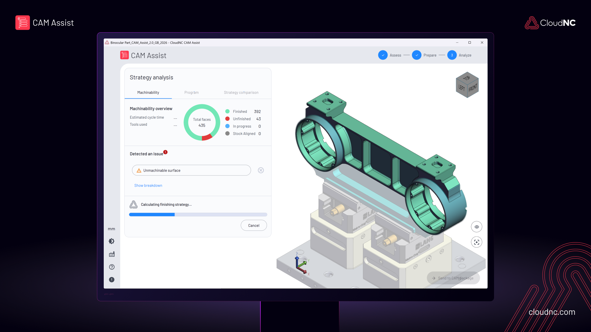 CAM Assist V2 — strategy analysis showing machinability overview and toolpath generation