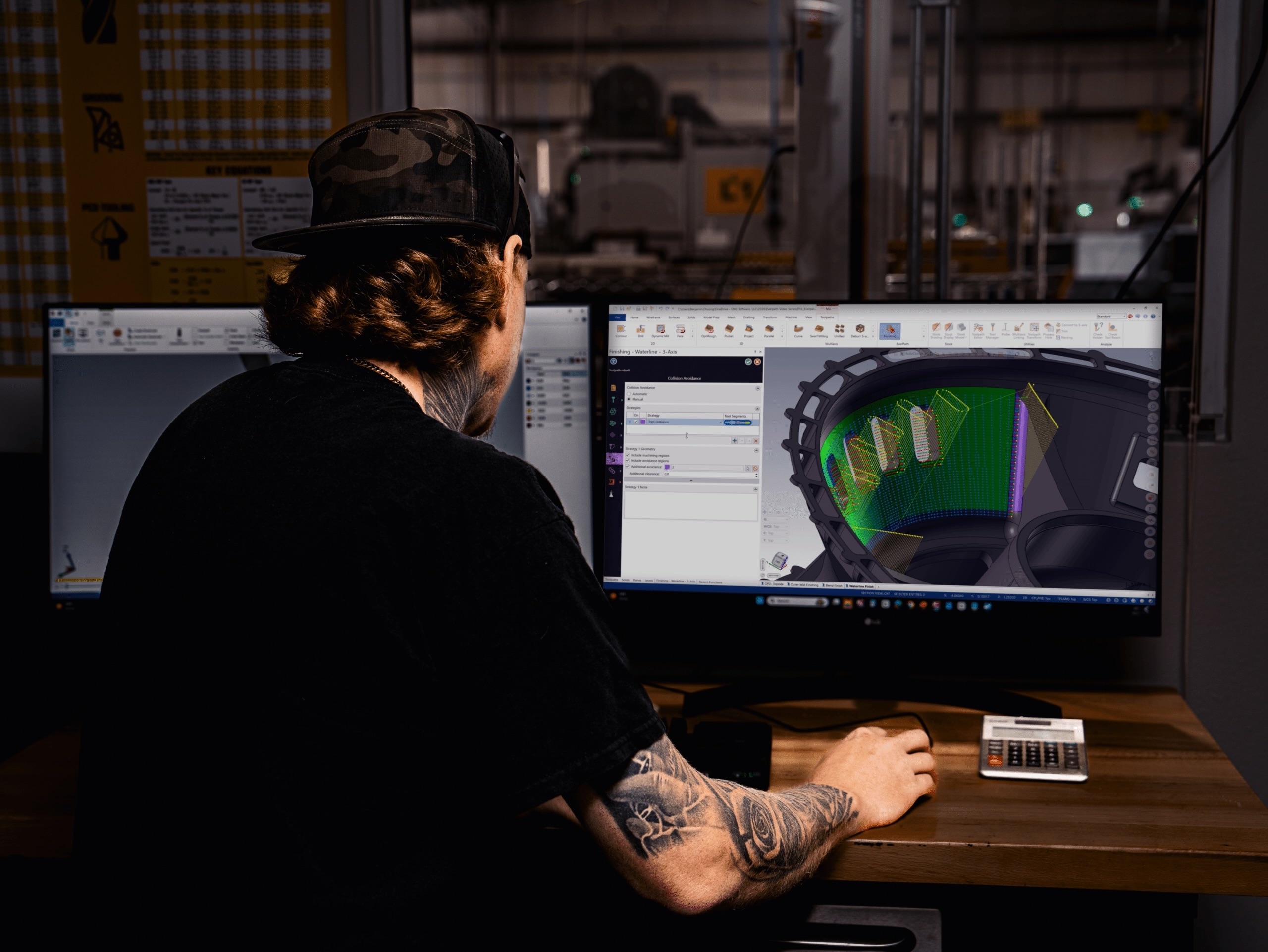 CAM programmer reviewing toolpaths on dual monitors